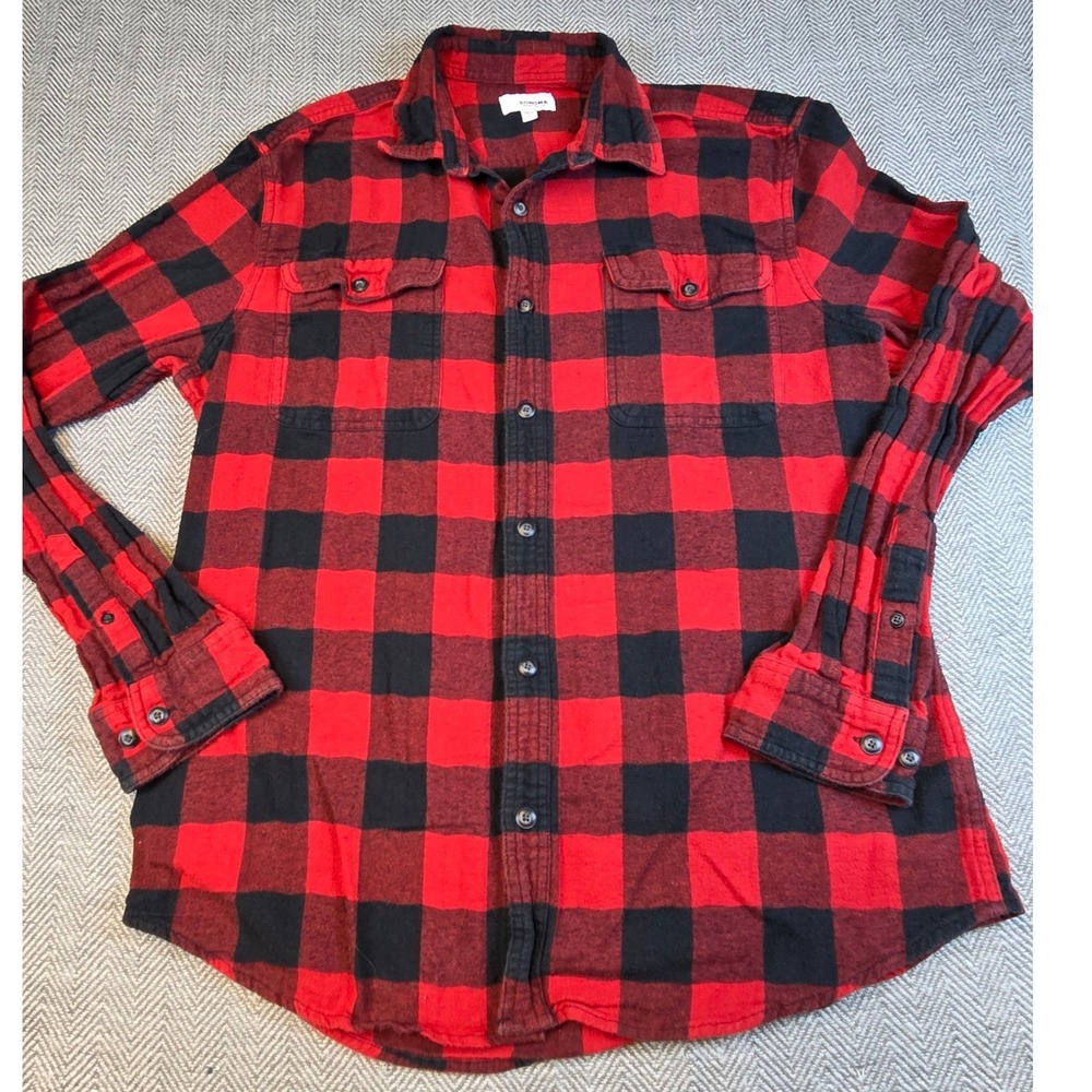 Sonoma Mens Buffalo Plaid Flannel Shirt Red Black Long Sleeve Cotton Large